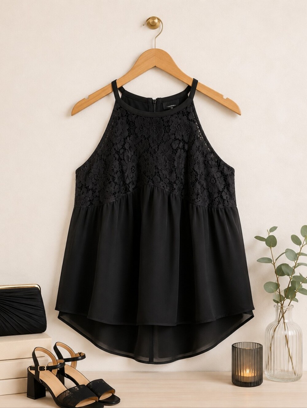 Torrid Plus Size 4x: Lace Yoke Black Halter Camisole
